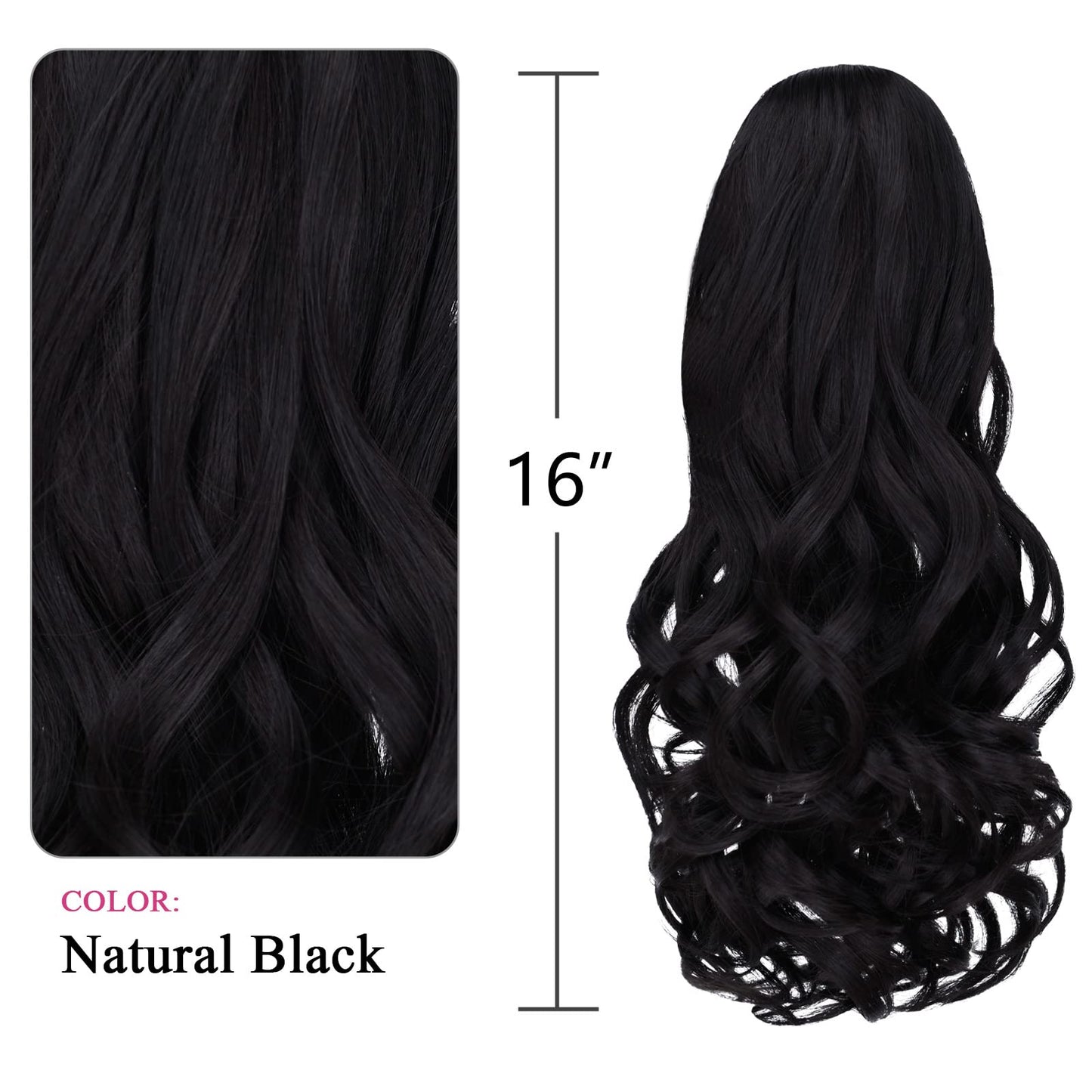 SYXLCYGG Black Ponytail Clip Claw Pony tail 16" Wavy 4.5 OZ Synthetic Hair Fake Hair piece Women Yaki Fluffy Like Real