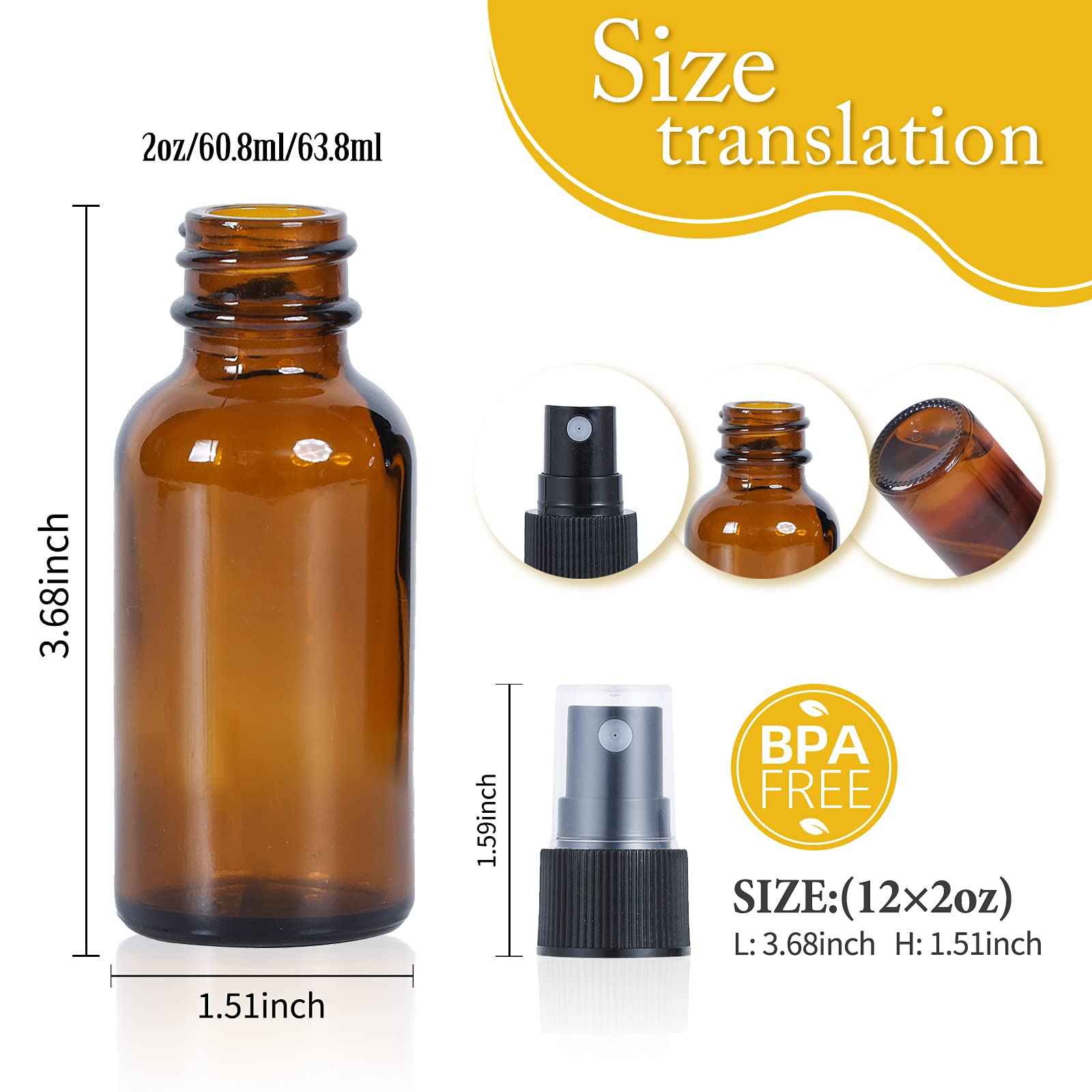 YONKAN 2oz Glass Spray Bottle, Fine Mist Boston Glass Bottles with Black Fine Mist Sprayer Small Clear Bottles for Essential Oils, Bath, Beauty, Hair & Cleaning, Amber, Pack of 12