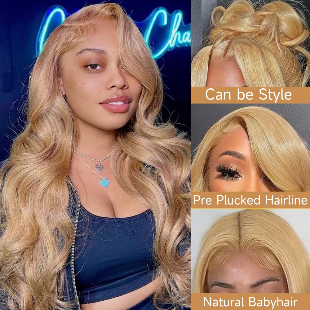 Loyom Honey Blonde Lace Front Wig Human Hair 27# Colored Human Hair Lace Front Wigs 13x4 Body Wave Glueless Lace Front Wigs Human Hair 180% Density 22 Inch