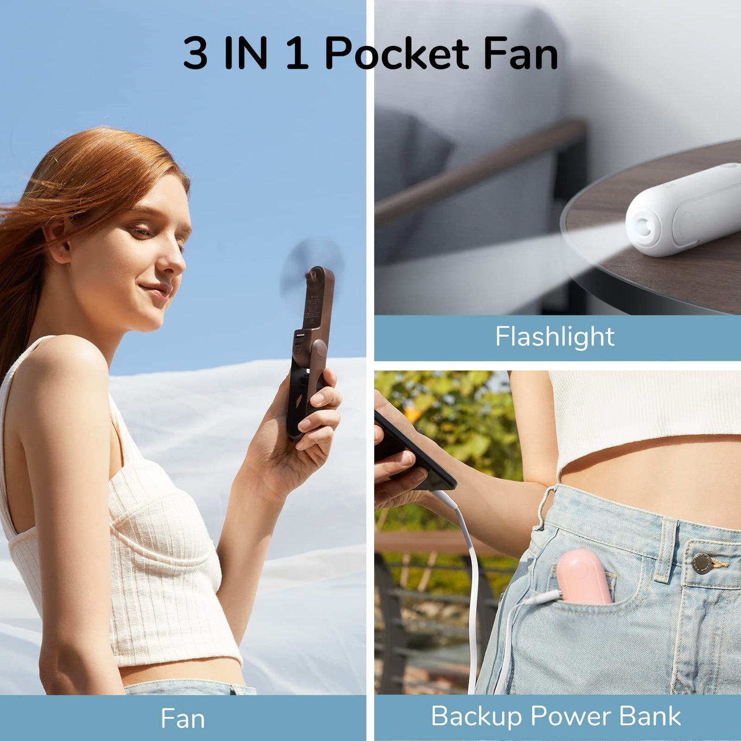 JISULIFE Handheld Mini Fan, 3 IN 1 Hand Fan, USB Rechargeable Small Pocket Fan [12-19 Working Hours] with Power Bank, Flashlight, Portable Fan for Travel/Summer/Concerts/Lash, Gifts for Women(White)