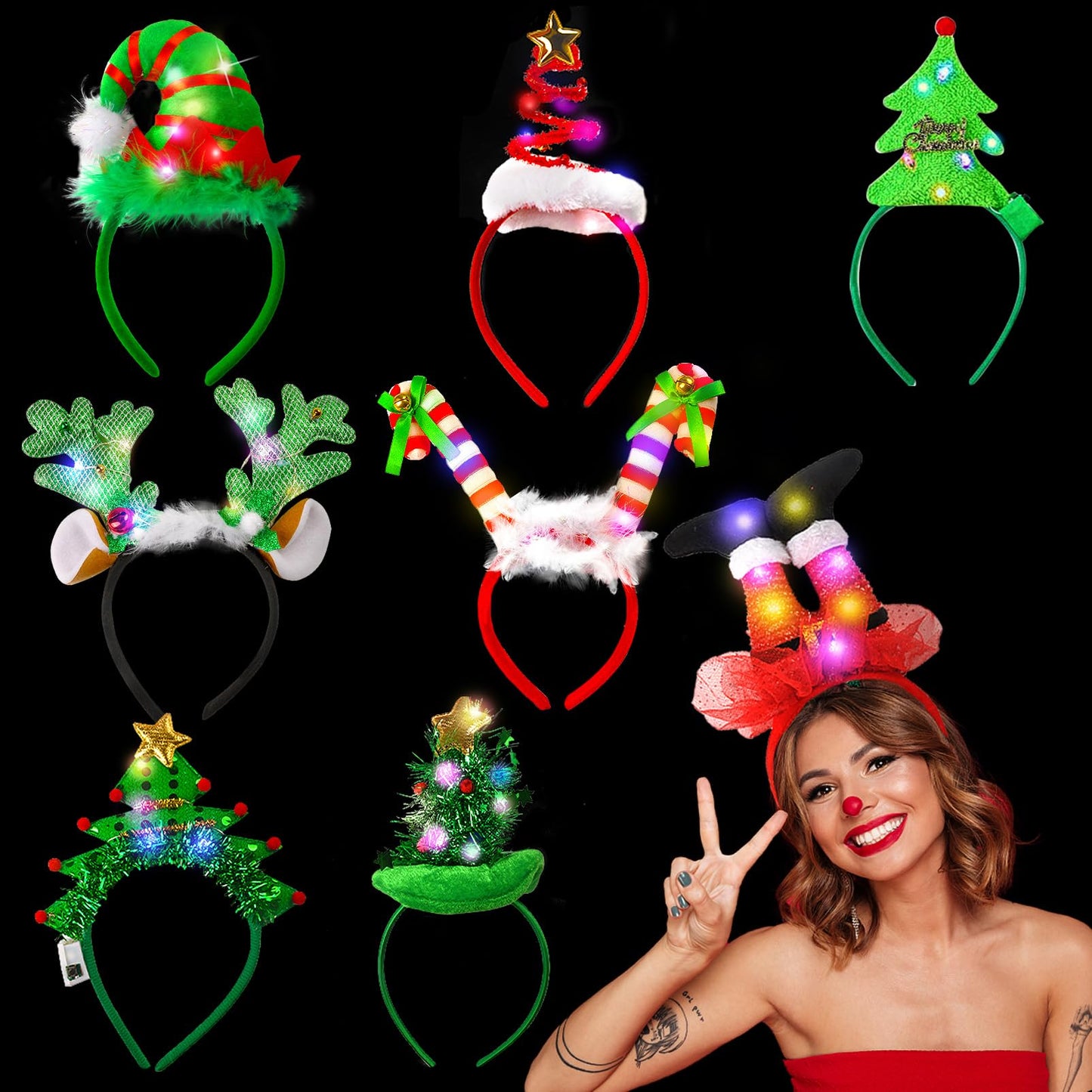 Tkifoda 8 PCS Light Up Christmas Headband, LED Lights Christmas Headwear, Christmas Hats Head Topper, Holiday Headbands, Xmas Hair Accessories