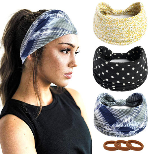 Ainuno Wide Boho Headbands for Women 70S Retro Vintage Workout Bandana Headband Cloth Fashion Yoga Head Bands Hair Elastic Soft Comfortable Headwear Pack of 3,Retro