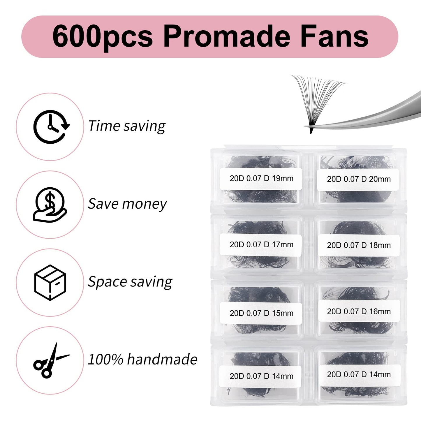 Lash Extension FADLASH 20D Premade Fans Eyelash Extensions 600pcs Pre Made Fans Lash Extensions Premade Lash Fans Volume Lash Extensions D Curl Eyelash Extension Premade Fans (20D-0.07D-14-20mm)