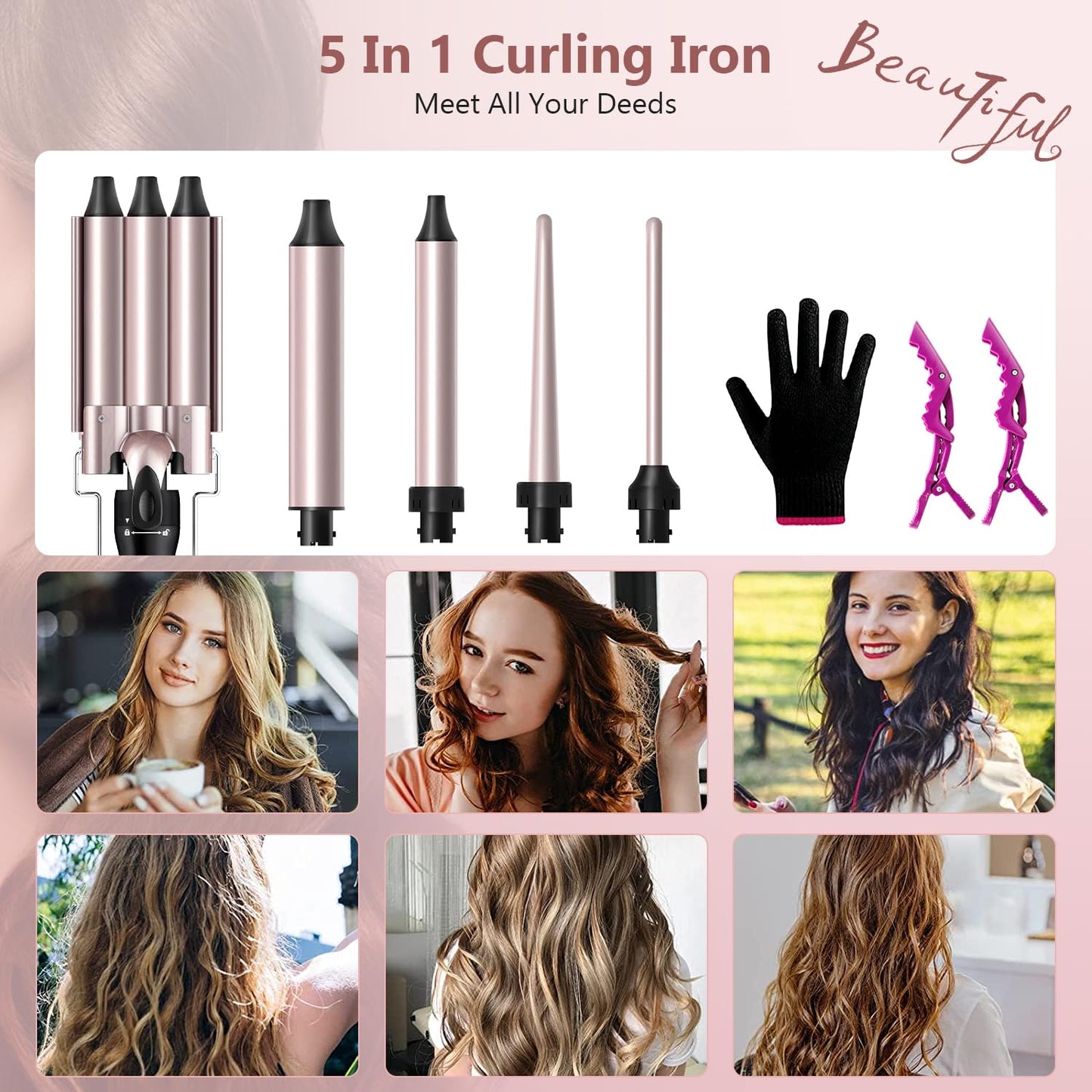 Waver Curling Iron Wand, LAYADO 5 in 1 Curling Iron Set, Curling Wand with 3 Barrel Curling Iron and 4 Interchangeable Ceramic Hair Wand 0.35"-1.25", Fast Heating Hair Curler in All Hair Type