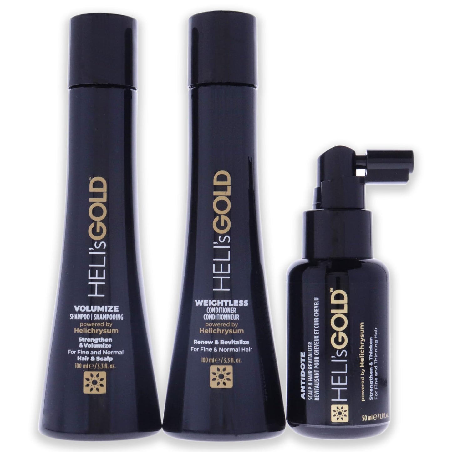 HELI's GOLD Volume Series Travel Kit - For Fine/Thin Hair - Strengthen/Repair - Volumize Shampoo - Weightless Conditioner - Scalp & Hair Revitalizer - Color Safe - 3pc