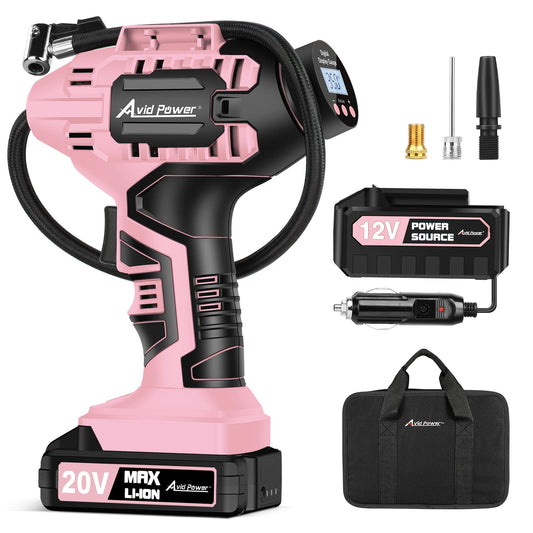 Avid Power Cordless Tire Inflator Air Compressor, 20V Car Tire Pump w/ 12V DC Adapter, Rechargeable Li-ion Battery Operated Tire Compressor w/Digital Pressure Gauge, for Many Inflatables (Pink)