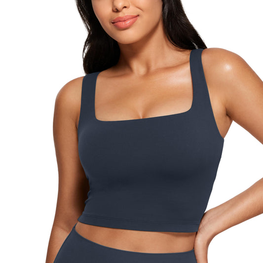 CRZ YOGA Butterluxe Womens Square Neck Longline Sports Bra - Workout Crop Tank Tops Padded with Built in Shelf Yoga Bra True Navy XX-Small