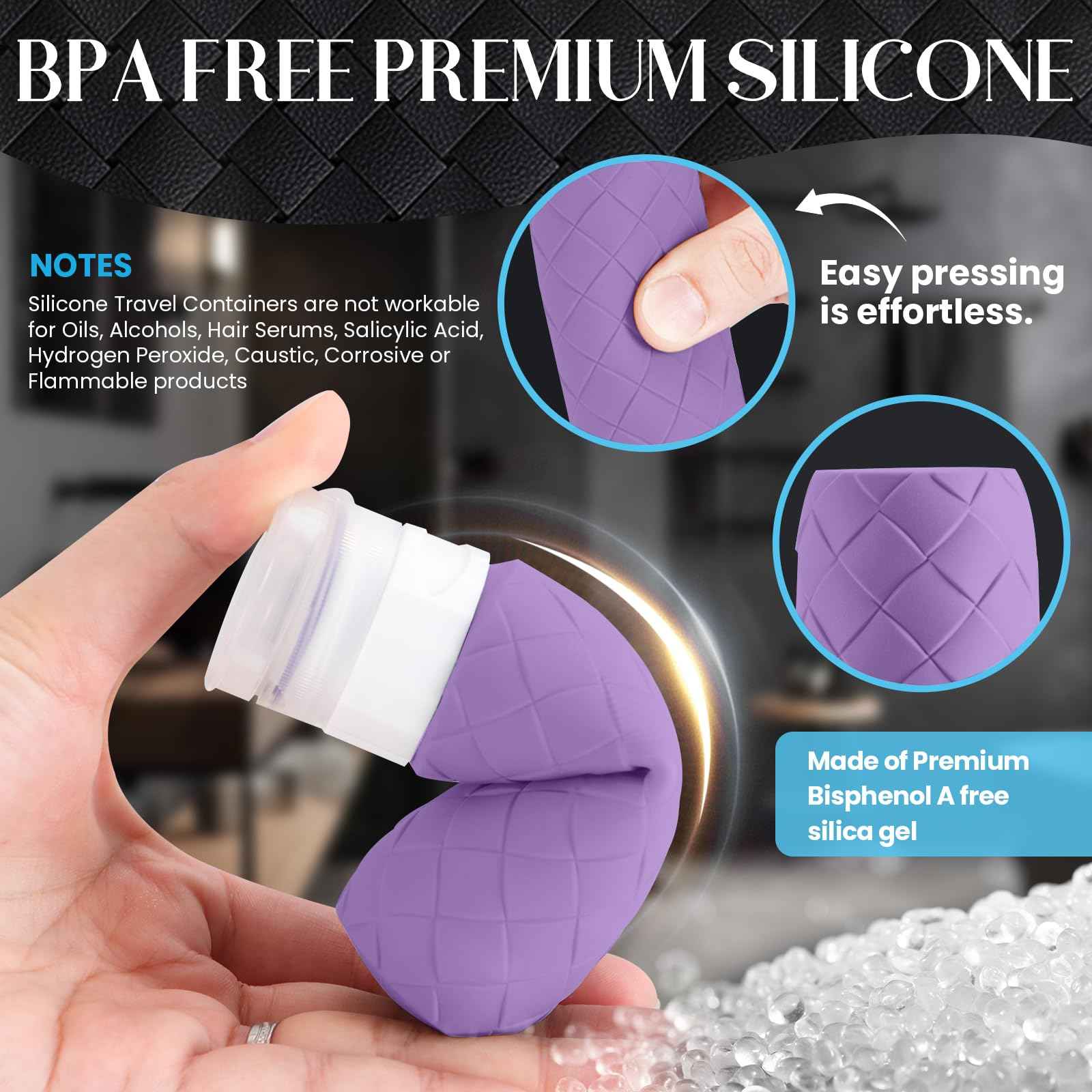 Silevoler Travel Bottles for Toiletries, TSA Approved Silicone Travel Size Containers for Toiletries, BPA Free Leak Proof Refillable Essentials Accessories, Shampoo and Conditioner Bottles (Purple)