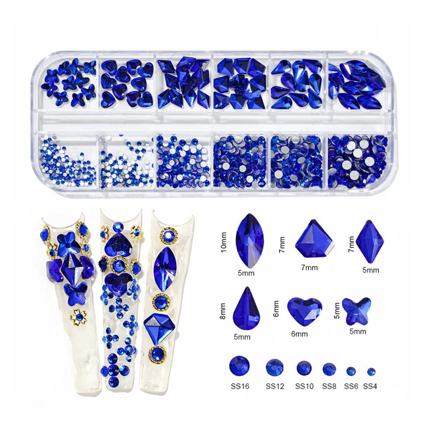 QEZEZA Nail Art Rhinestones Kit, Rhinestone Nail Face Gems, Nail Art Ab Flatback Rhinestones Gems Stones with Storage Organizer Box, (1.5mm - 10mm) 1000PCS 12 Sizes - Blue