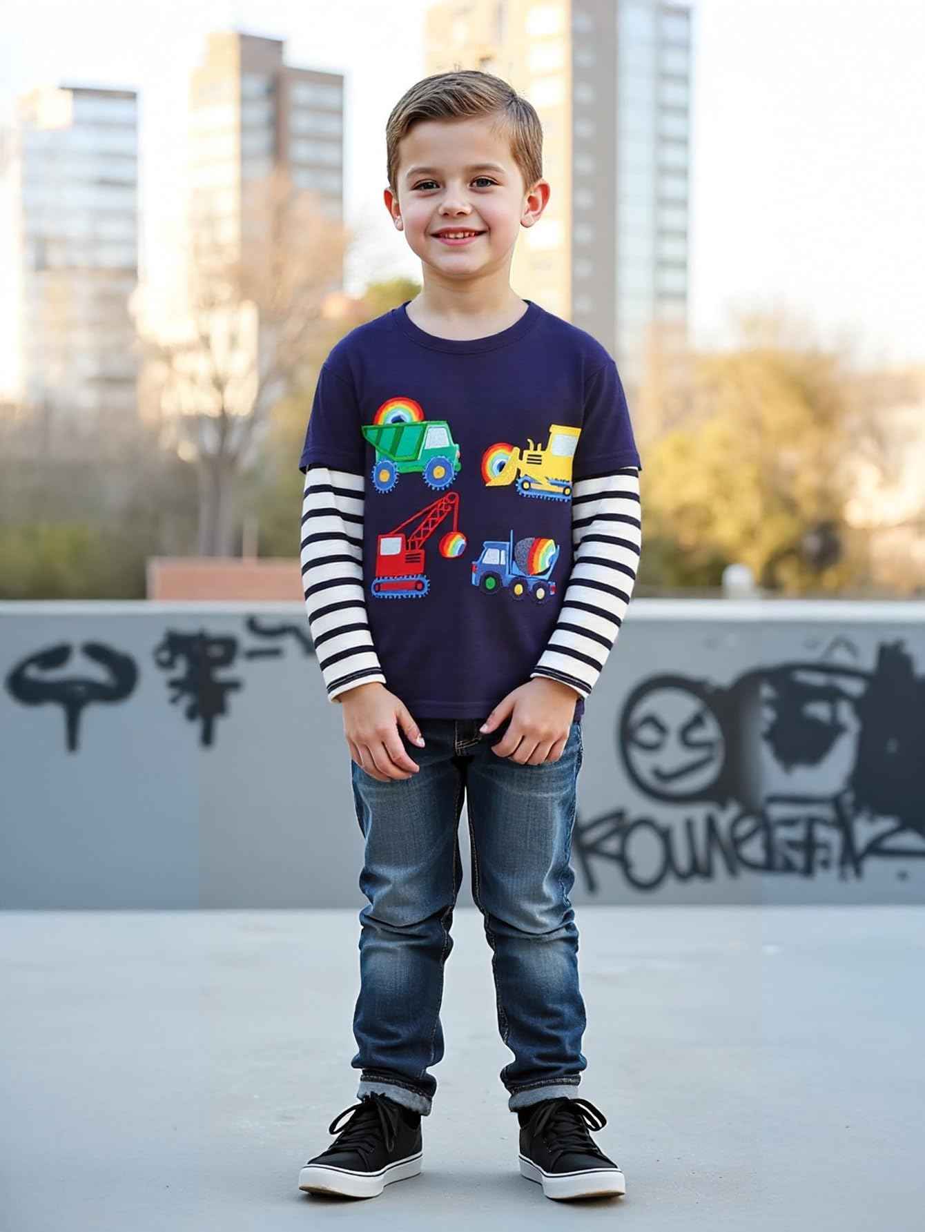 Frogwill Toddler Boys Dark Blue Rainbow Construction Vehicles Layered Tee (4T, Dark Blue)