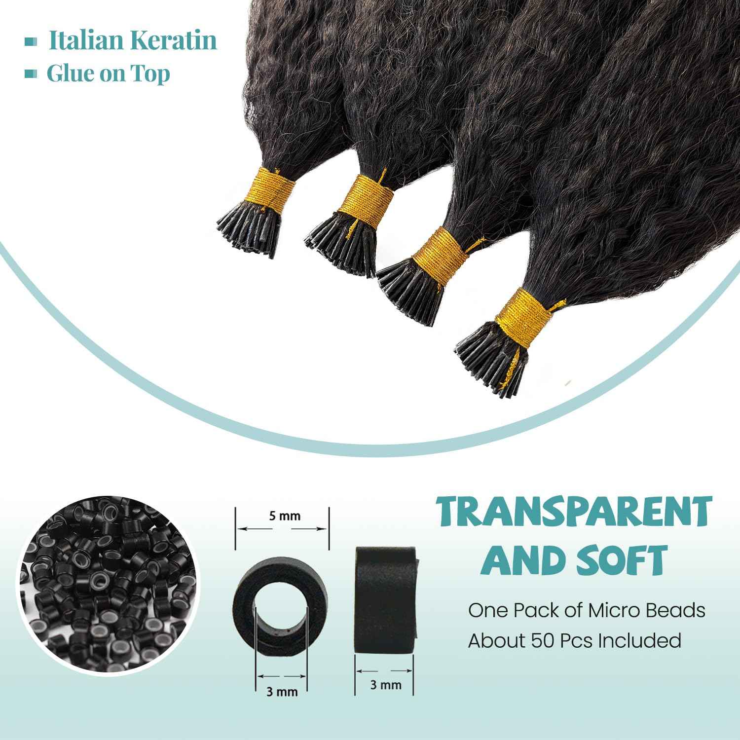 I Tip Hair Extensions Kinky Straight Cold Fusion I Tip Extension Real Human Hair Black 18 Inch Soft Keratin Tip Extensions Human Hair Kinky Straight I Tips for Black Women 50 Strands 50Grams