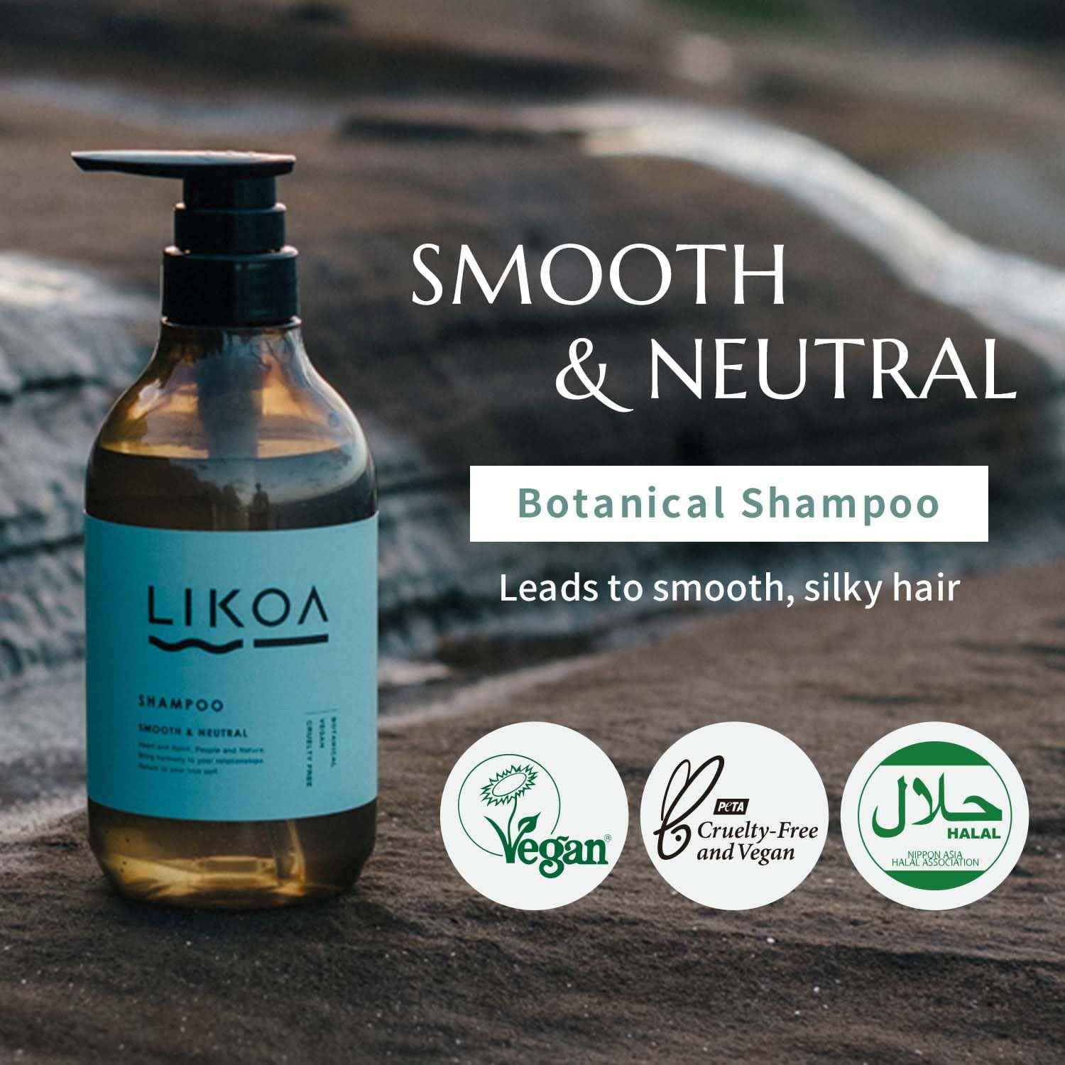 LIKOA, Smooth and Neutral Shampoo, Vegan, Halal, Lightweight Moisture for Fine, Dry, or Tangle-Prone Hair, Botanical Hair Care, White Floral Scent, Made in Japan, 500mL, 16.9 Fl oz