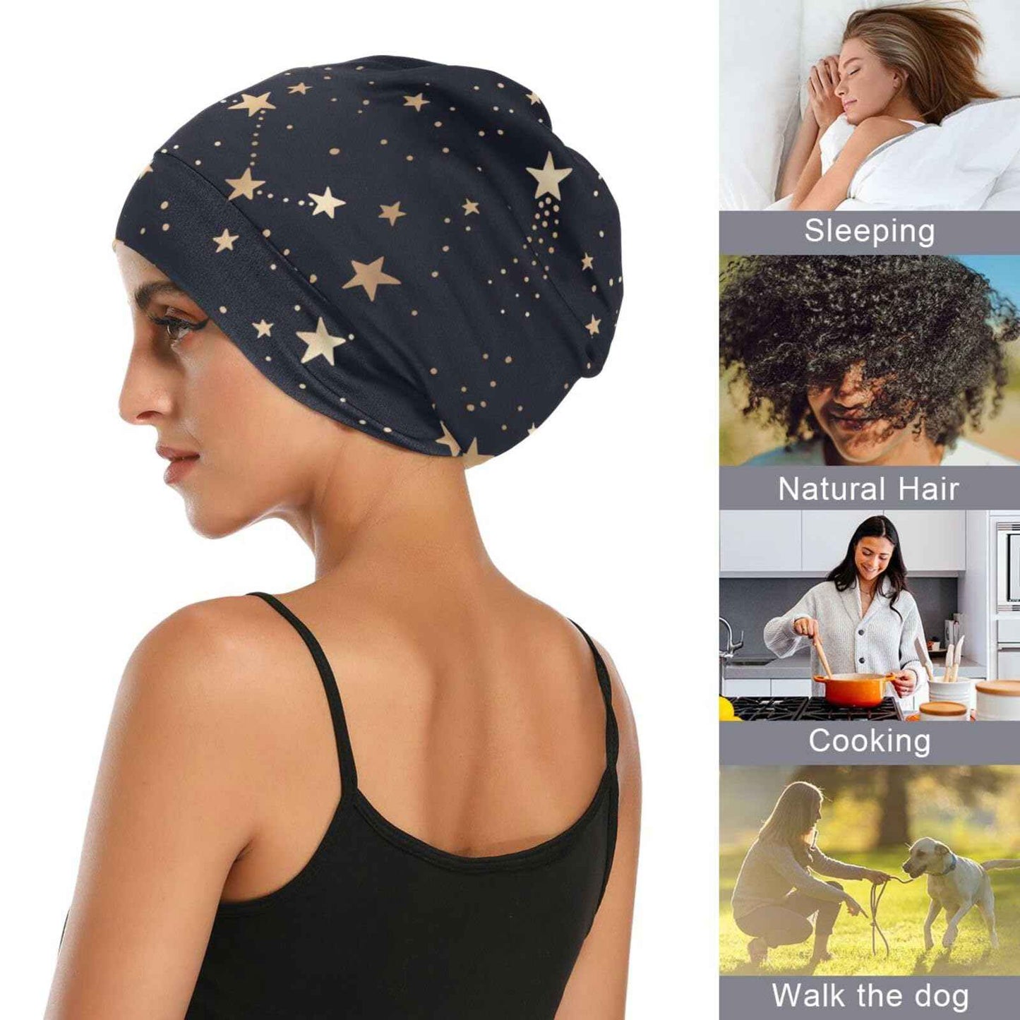 Satin Bonnet Hair Wrap for Sleeping Lined Beanie Sleep Cap for Curly Hair Women Men Gold Stars