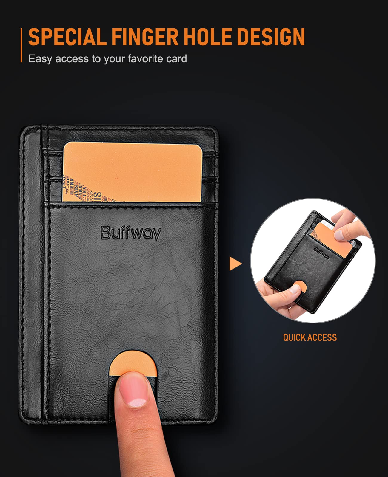 Buffway Slim Minimalist Front Pocket RFID Blocking Leather Wallets for Men and Women - Slate Black