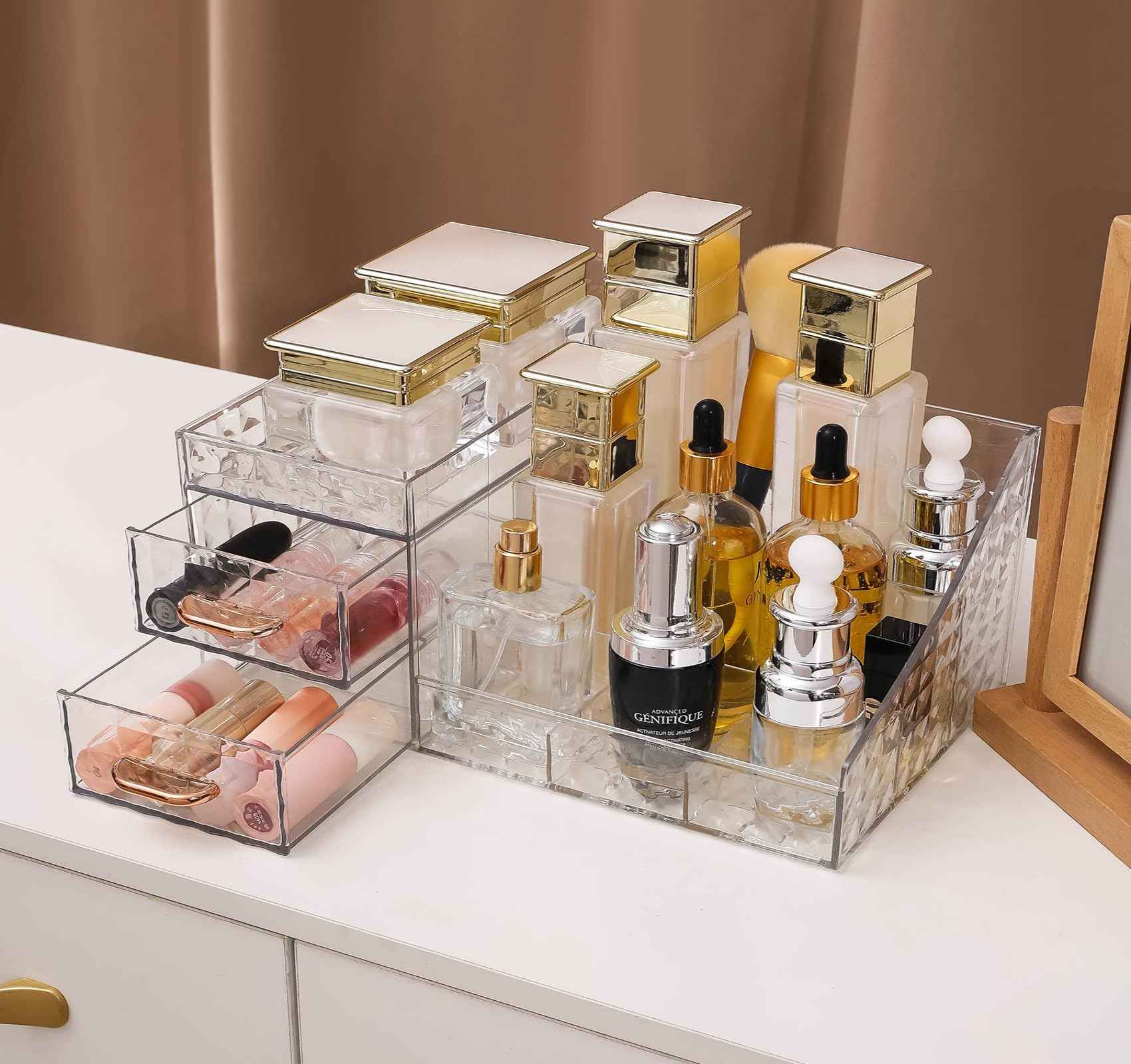 Clear Makeup Organizer for Vanity,Desk Makeup Caddy With Drawers for Cosmetics,Lipsticks Nail Care Skincare Jewelry Countertop Organizers,Cosmetic Display Cases for Bathroom, Dresser (Clear)