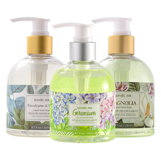 ROMIIE ZOI Liquid Hand Soap with Gift Box - 260ml/ 8.7 fl.oz - Variety Pack of 3 (Geraniumt,Eucalyptus&Mint,Magnolia)