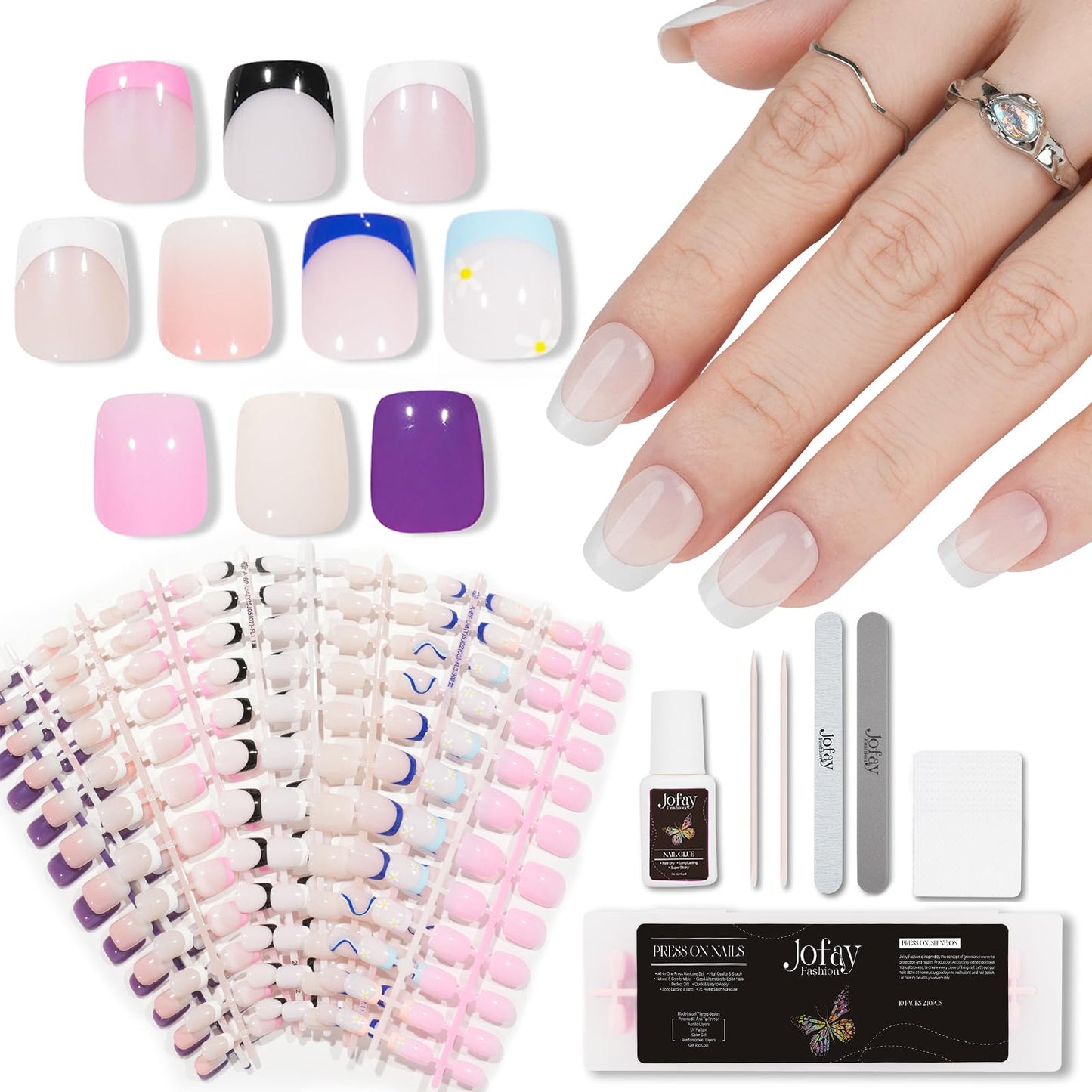 Soft Gel Nail Tips Kit - Jofay Fashion Short Press on Nails Set French Tip Nail Kit Acrylic Set Gel Nail Tips with Design Square Fake Nails with Design Full Cover Acrylic Nail Tips,10 Packs (240 Pcs)