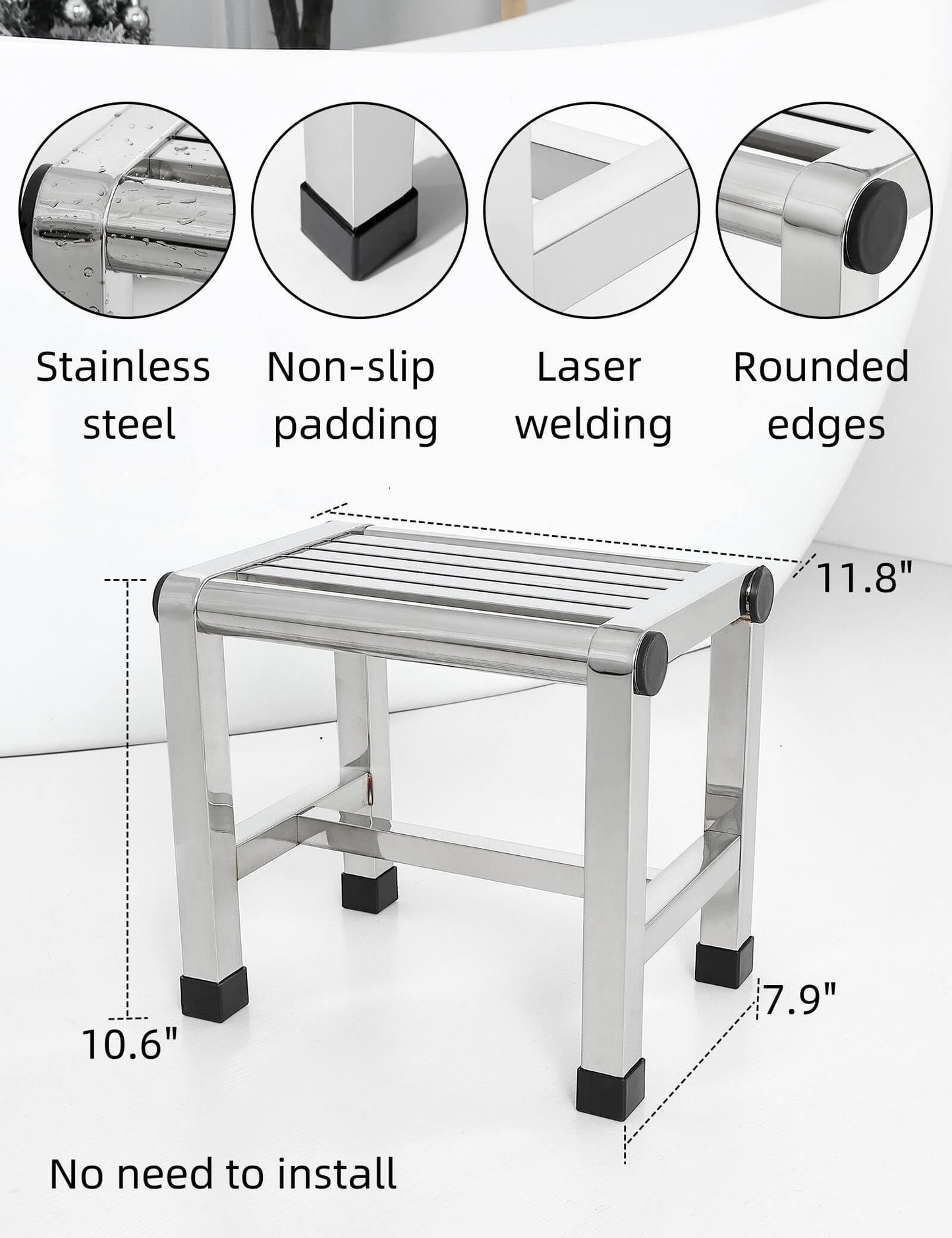 Dumbpec Shower Foot Stool Rest Shaving Legs Small Step Inside Bathroom Stainless Steel Seat Bath Metal Waterproof Prevent Slipping No Installation