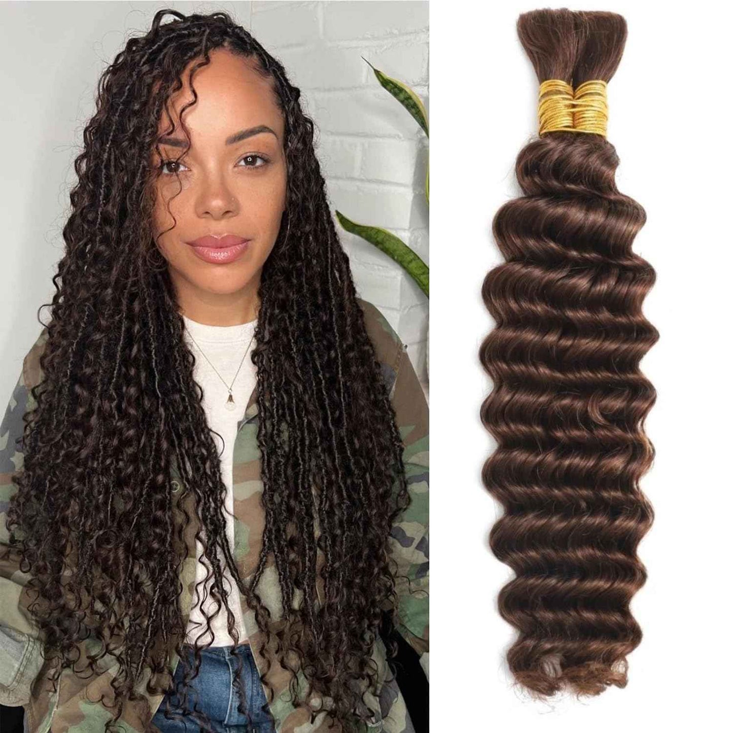 Chocolate Brown Human Braiding Hair For Boho Braids 4# 100g Deep Wave Bulk Human Hair for Braiding 12A No Weft Curly Human Hair Extensions Wet and Wavy Boho Hair for Braiding (4#-Deep Wave, 16 Inch)