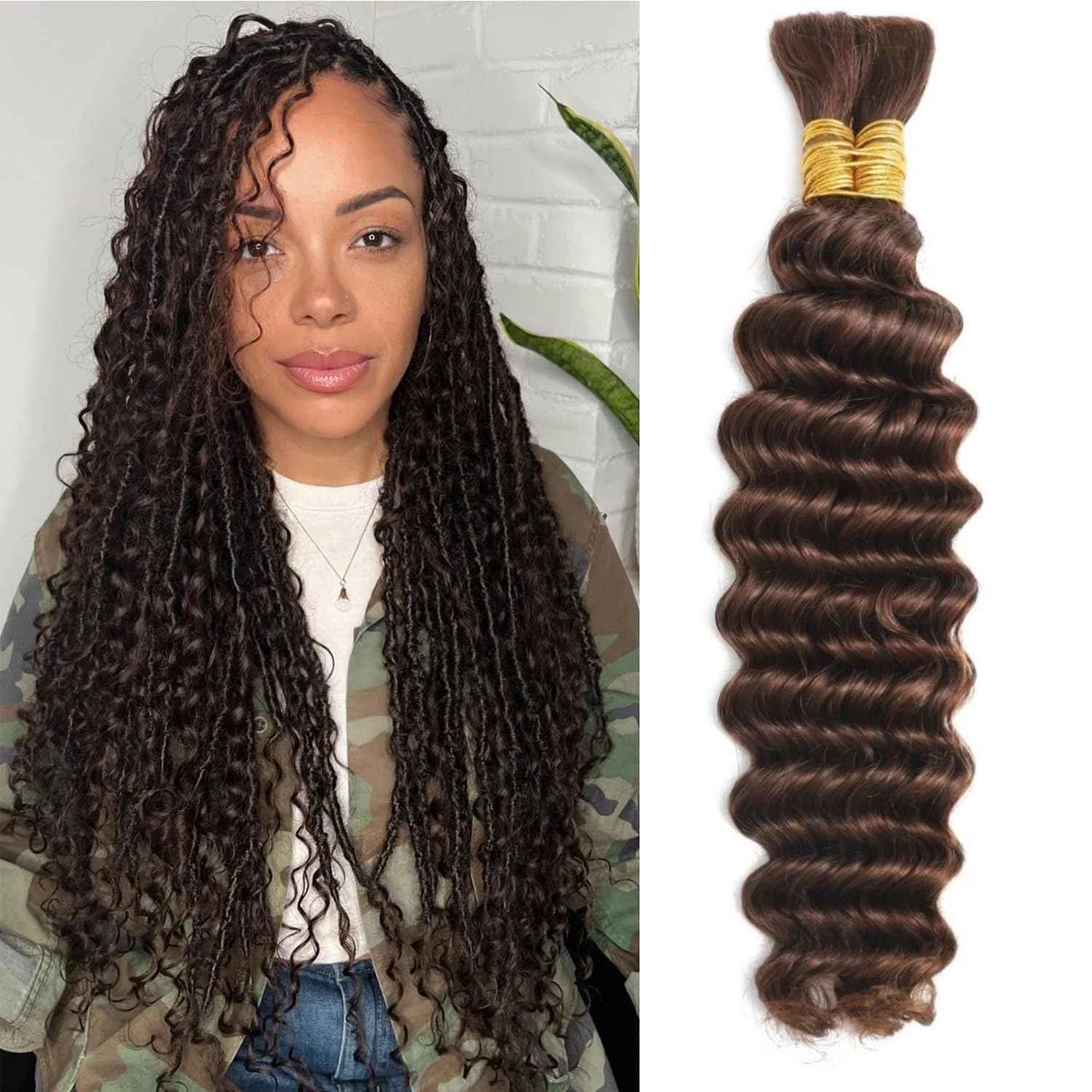 Chocolate Brown Human Braiding Hair For Boho Braids 4# 100g Deep Wave Bulk Human Hair for Braiding 12A No Weft Curly Human Hair Extensions Wet and Wavy Boho Hair for Braiding (4#-Deep Wave, 16 Inch)