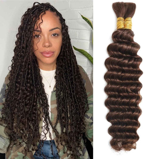 Chocolate Brown Human Braiding Hair For Boho Braids 4# 100g Deep Wave Bulk Human Hair for Braiding 12A No Weft Curly Human Hair Extensions Wet and Wavy Boho Hair for Braiding (4#-Deep Wave, 16 Inch)