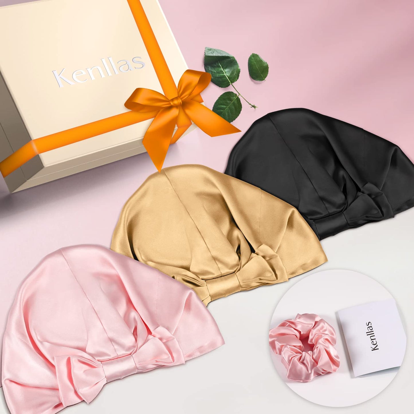 Kenllas 22-Momme 100% Mulberry-Silk Bonnet - Natural Pure Silk Sleep Cap for Women Curly Hair Care Cover with Tie and Elastic Band (Pink - Double Layer)