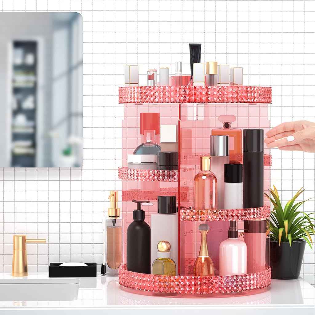 HEMTROY 360 Degree Rotating Makeup Organizer, Extra Large Capacity Perfume Holder, Removable 7 Layers Cosmetics Organizer, Make Up Organizer For Countertop Storage Skincare or More (Pink)