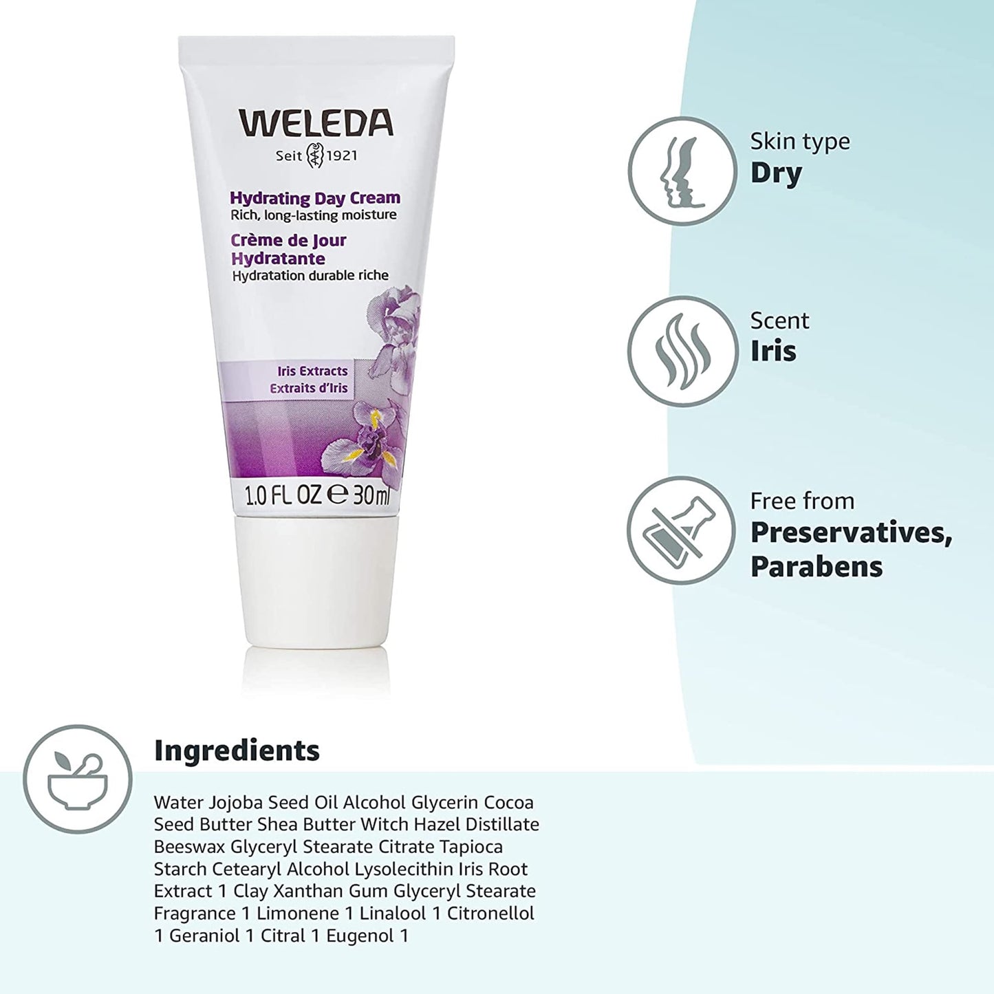 Weleda Hydrating Day Face Cream, 1 Fluid Ounce, Plant Rich Moisturizer with Iris Root, Jojoba Oil and Witch Hazel