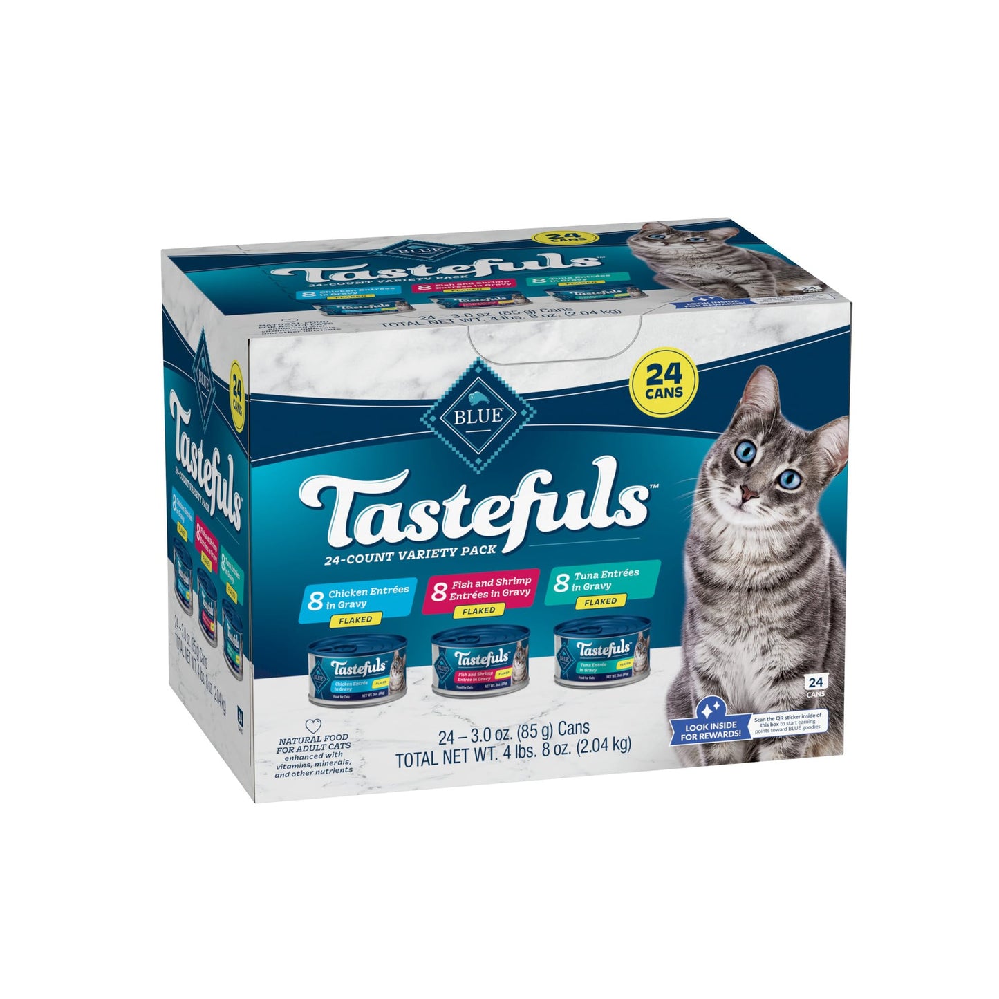 Blue Buffalo Tastefuls Natural Flaked Wet Cat Food Variety Pack, Tuna, Chicken and Fish & Shrimp Entrées in Gravy 3-oz Cans (24 Count)