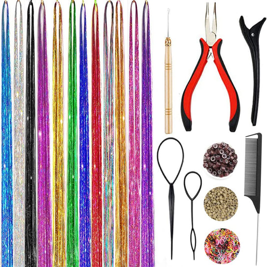 Hair Tinsel Kit, Fairy Tinsel Hair Extensions With Tool 3200 Strands 12 Colors Holographic Hair Tinsel Heat Resistant Sparkling Hair Glitter for Christmas New Year Party (12 Colors, 3200 Strands 48