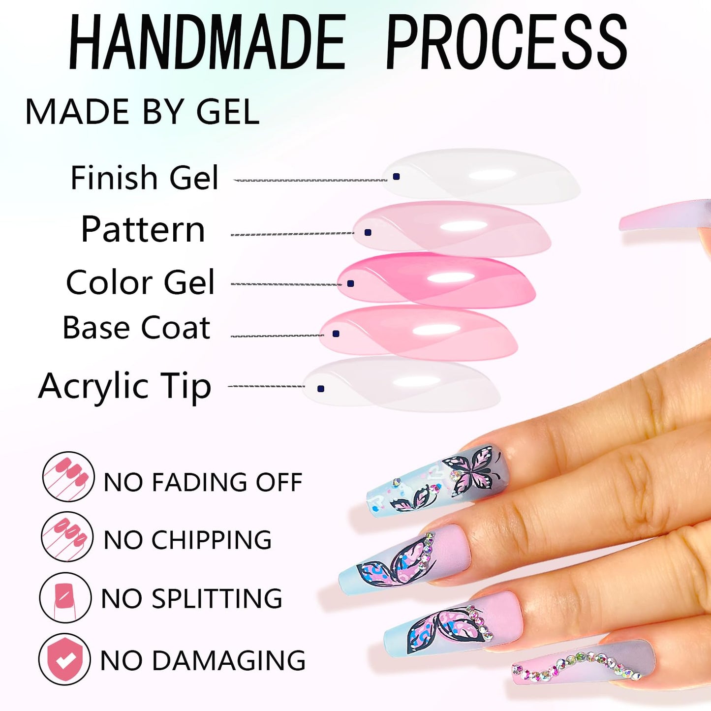 Long Press on Nails Heart-Shaped Ombre Long Fake Nails Coffin Press on Nails Square False Nails with Butterfly&Rhinestones Design Acrylic Nails Press on Artificial Nails Stick on Nails For Women-24Pcs