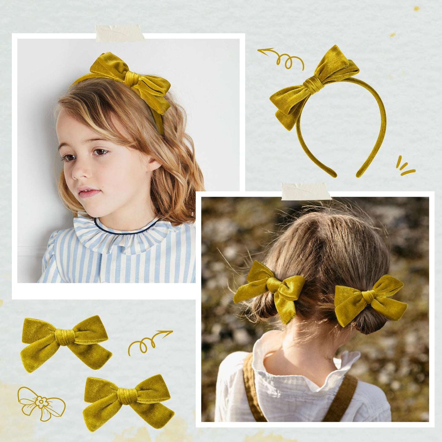 DEEKA Gold Velvet Bow Headband & 2 Pcs Velvet Hair Bows Set Velvet Uniform Hair Accessories Hair Band for Little Toddler School Girls -Gold