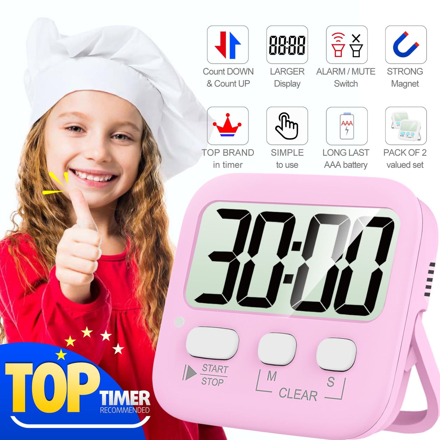 Antonki Timer, 2 Pack Timer for Kids, Kitchen Timers, Digital Timer for Cooking, Egg Timer, Classroom Timer for Teacher, Magnetic Countdown Timer for Exercise, Study, Oven - Battery Included