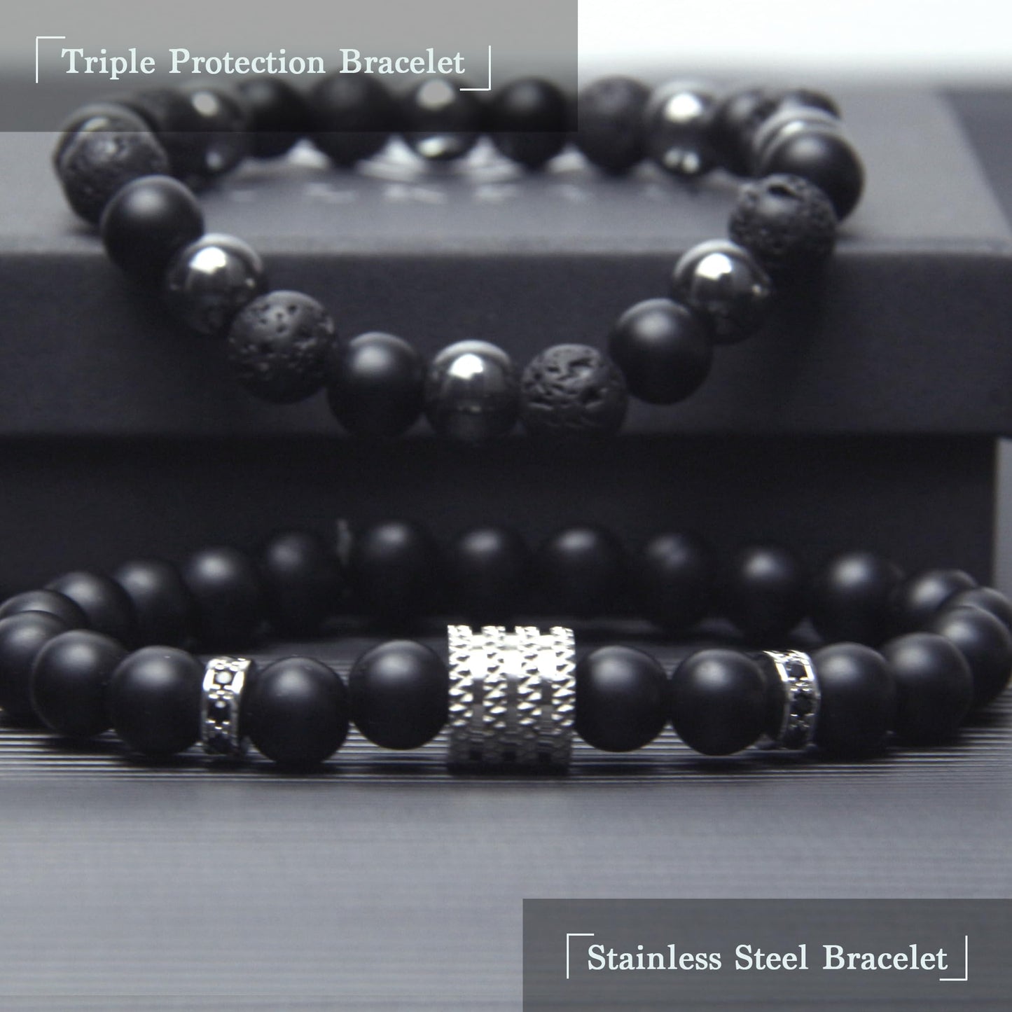 Black Obsidian Bracelet - Stainless Steel Bracelet - Tourmaline Beaded Bracelets, 8MM Black Onyx Hematite Lava Stone Beads Triple Protection Bracelet for Men Women Gifts