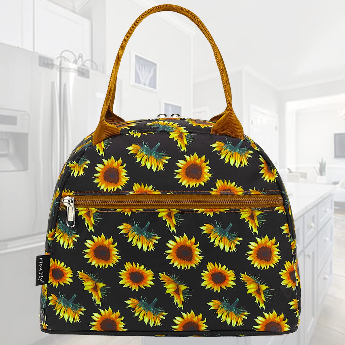 FlowFly Insulated Reusable Lunch Bag Adult Large Lunch Box Lunch Tote for Women and Men,With Front Pocket,SunFlower