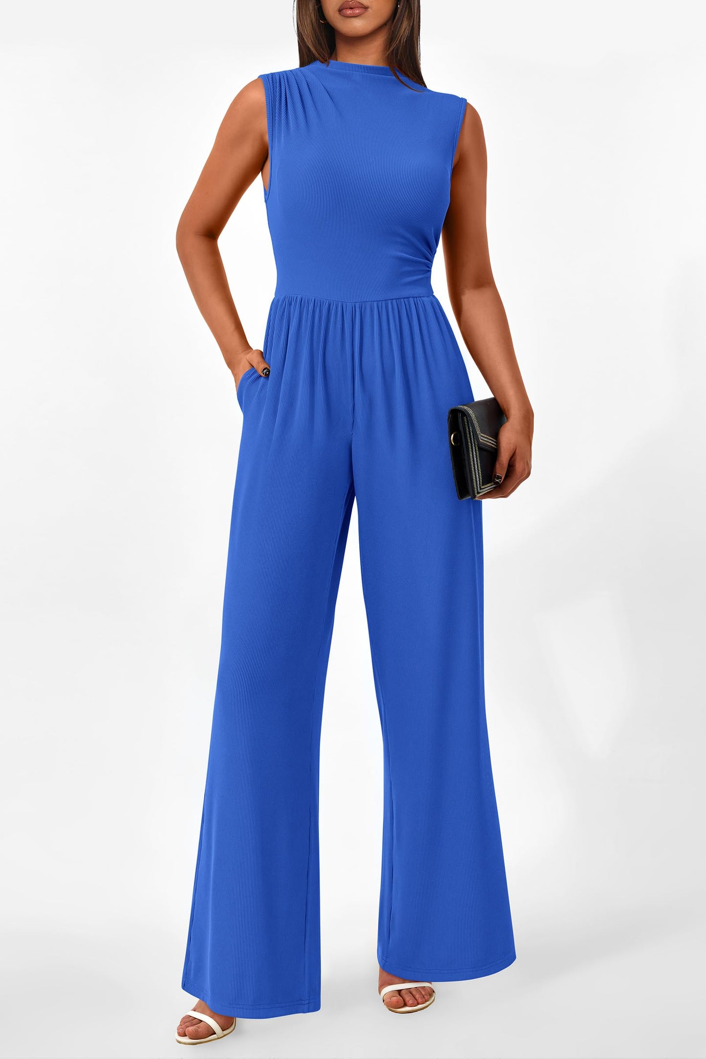 PRETTYGARDEN Womens Summer Jumpsuits Dressy Casual One Piece Outfits Sleeveless Mock Neck Wide Leg Pants Rompers with Pockets (Style2-Blue,Small)