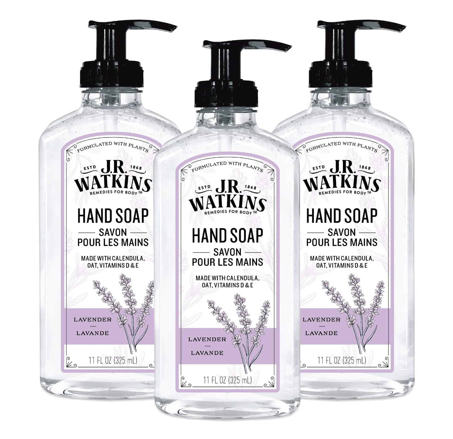 J.R. Watkins Liquid Hand Soap With Dispenser, Moisturizing Hand Soap, Alcohol-Free Hand Wash, Cruelty-Free, USA Made Liquid Soap For Bathroom and Kitchen, Lavender, 11 Fl Oz, 3 Pack