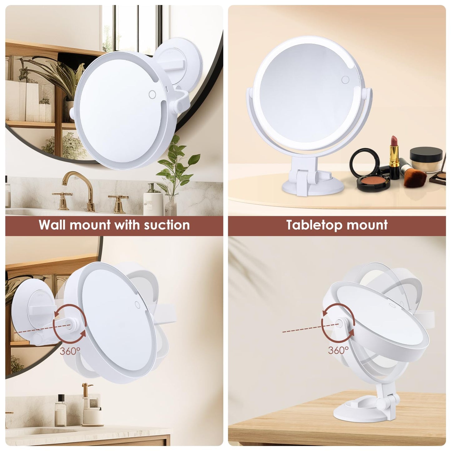 1X 10X Magnifying Shower Mirror with Lights, Rechargeable Lighted Manification Shaving Mirror No Drilling Locking Suction Mount, Double Sided 360° Bathroom Mirror for Men, Tabletop Makeup Mirror