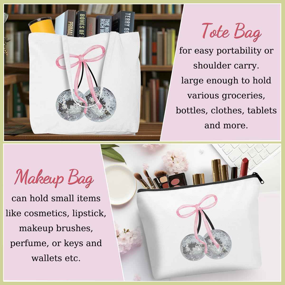 Cute Pink Coquette Bow Cherry Canvas Tote Bag Beach Tote Bag for Women with inner Pocket, Preppy Stuff Gifts for Women Teen Girls Sister Friendship Reusable Shopping Grocery Bags Travel Makeup Bagss