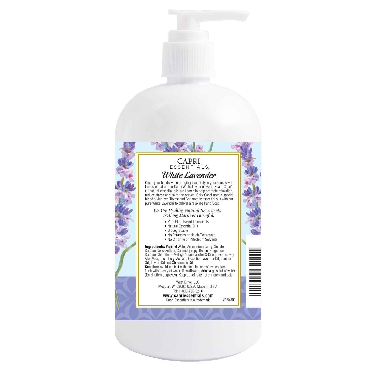 CAPRI ESSENTIALS Hand Soap Liquid, Natural Household Cleaning Supplies, Gentle Plant Based Aromatic Hand Wash, Blend of Essential Oils, Removes Dirt & Grime, White Lavender Scent, 16 FL Oz (6 Pack)