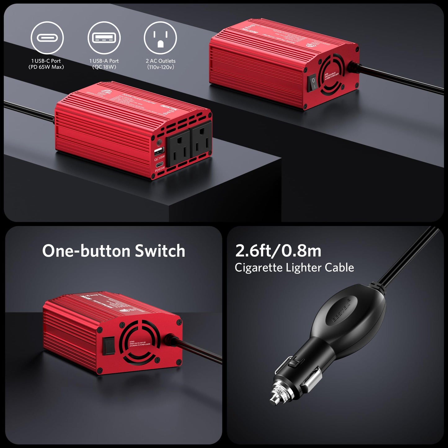 BESTEK 300W Car Power Inverter with 65W USB-C and QC3.0 Ports - 12V DC to 110V AC Converter for Vehicles with Multi-Protection - Red