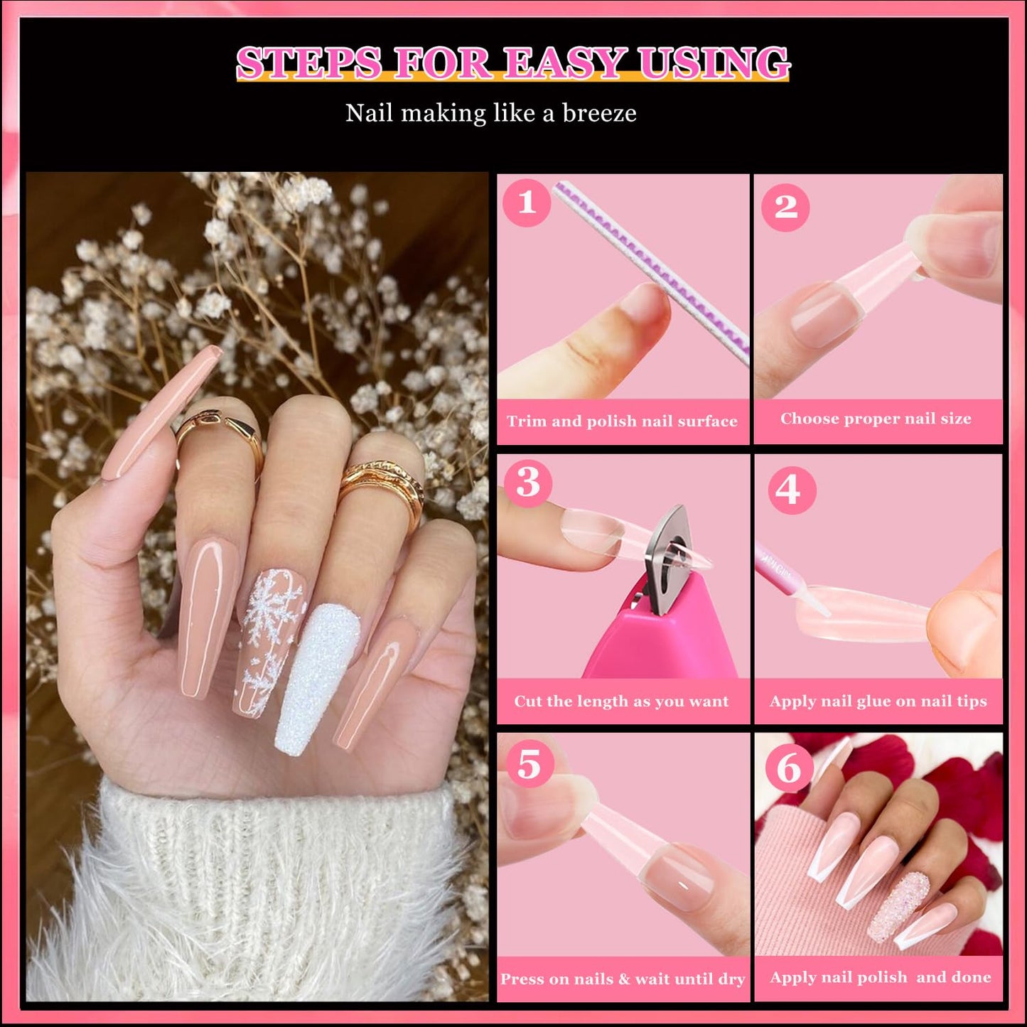 500 Pcs Coffin Nail Tips, AITRAI Long Nail Tips for Acrylic Nails Professional Clear Coffin Nail Tips Full Cover Ballerina False Nails Tips with Glue, Adhesive Tabs Acrylic Nail Clipper Files,10 Size