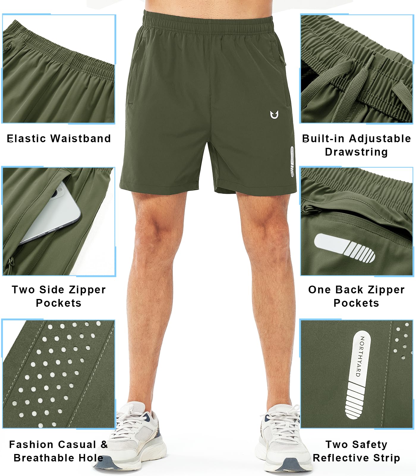 NORTHYARD Men's Athletic Running Shorts Quick Dry Workout Shorts 7"/ 5"/ 9" Lightweight Sports Gym Basketball Shorts Hiking Exercise ARMYGREEN-5inch S