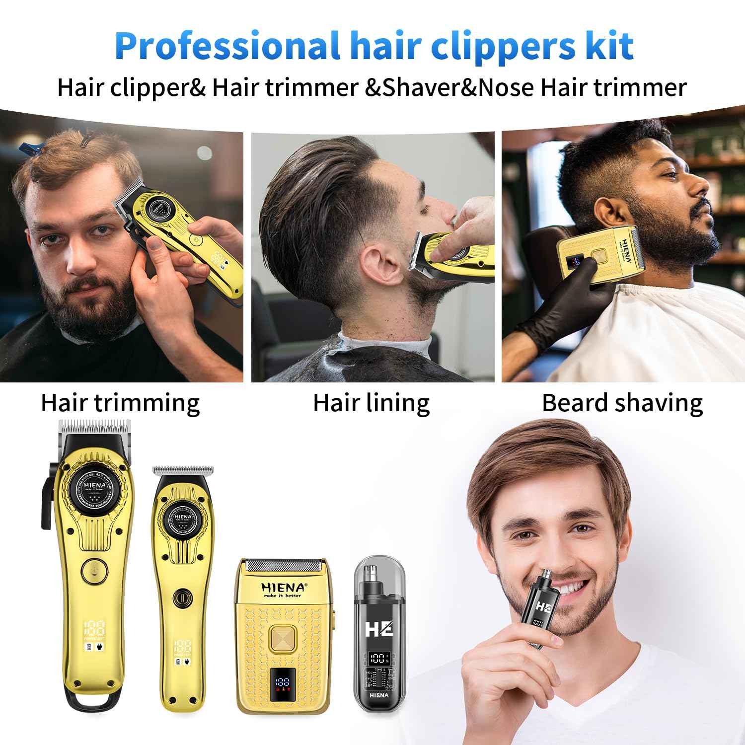 HIENA PRO Professional Hair Clipper Set for Men, Rechargeable Barber Clippers Set and Trimmer Kit, Foil Shaver & Men's Facial Grooming Tool, Electric Nose Hair and Beard Trimmer Set