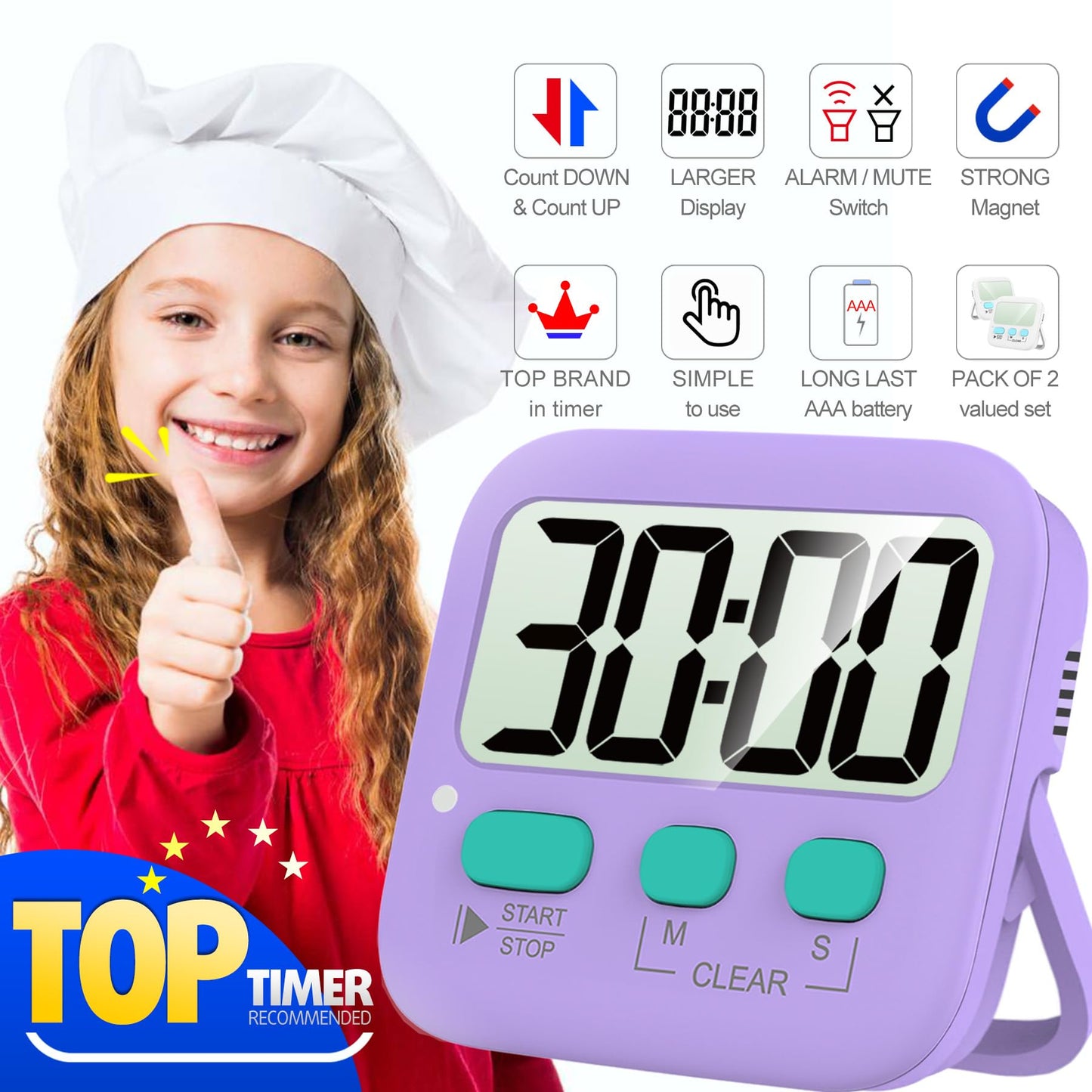 Antonki Timer, 2 Pack Timer for Kids, Kitchen Timers, Digital Timer for Cooking, Egg Timer, Classroom Timer for Teacher, Magnetic Countdown Timer for Exercise, Study, Oven - Battery Included