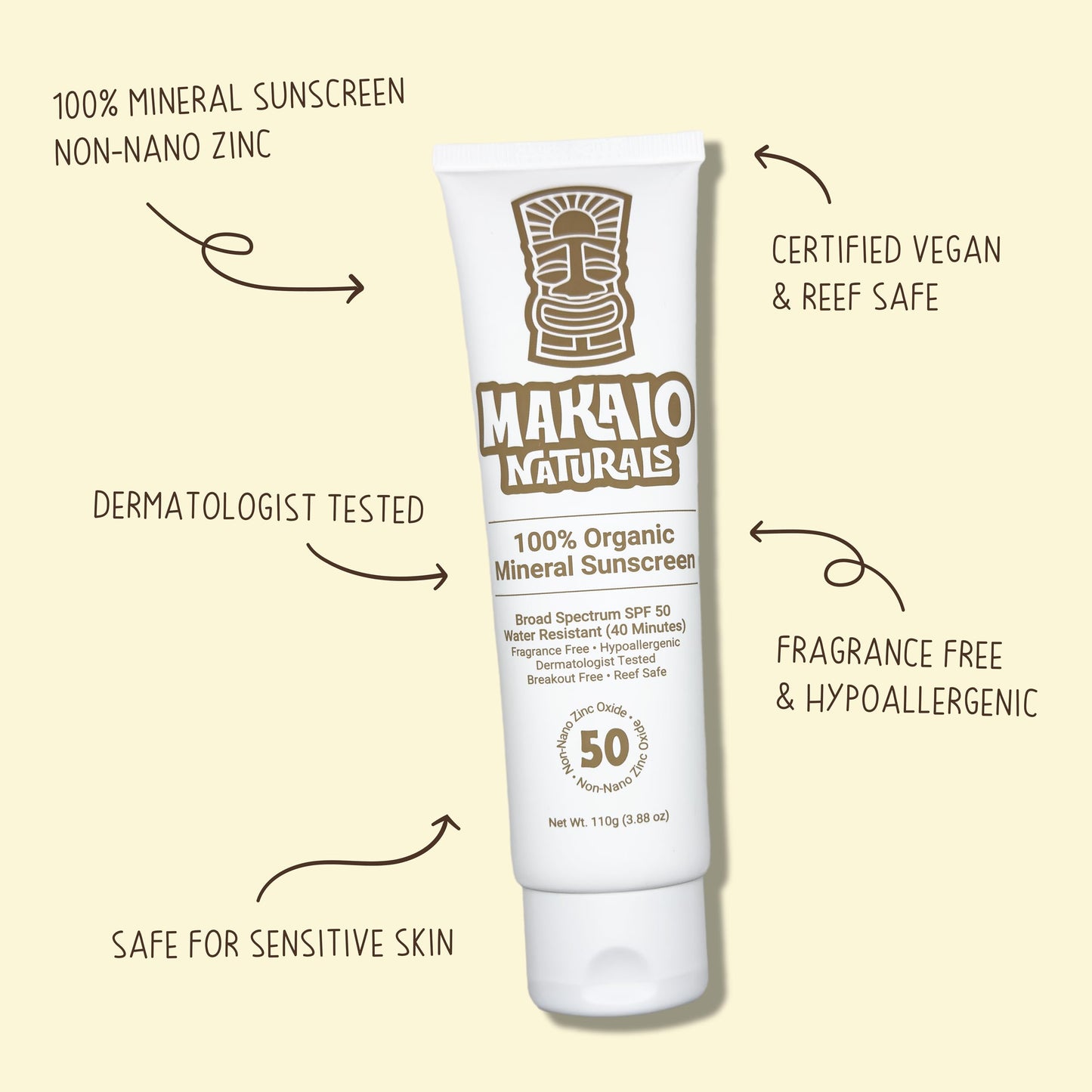Makaio Naturals 100% Organic Mineral Sunscreen SPF 50 – Face & Body, Unscented, No White Cast, Non-Nano Zinc, Vegan, Hypoallergenic, Reef Safe, Dermatologist Tested, 3.88 fl oz
