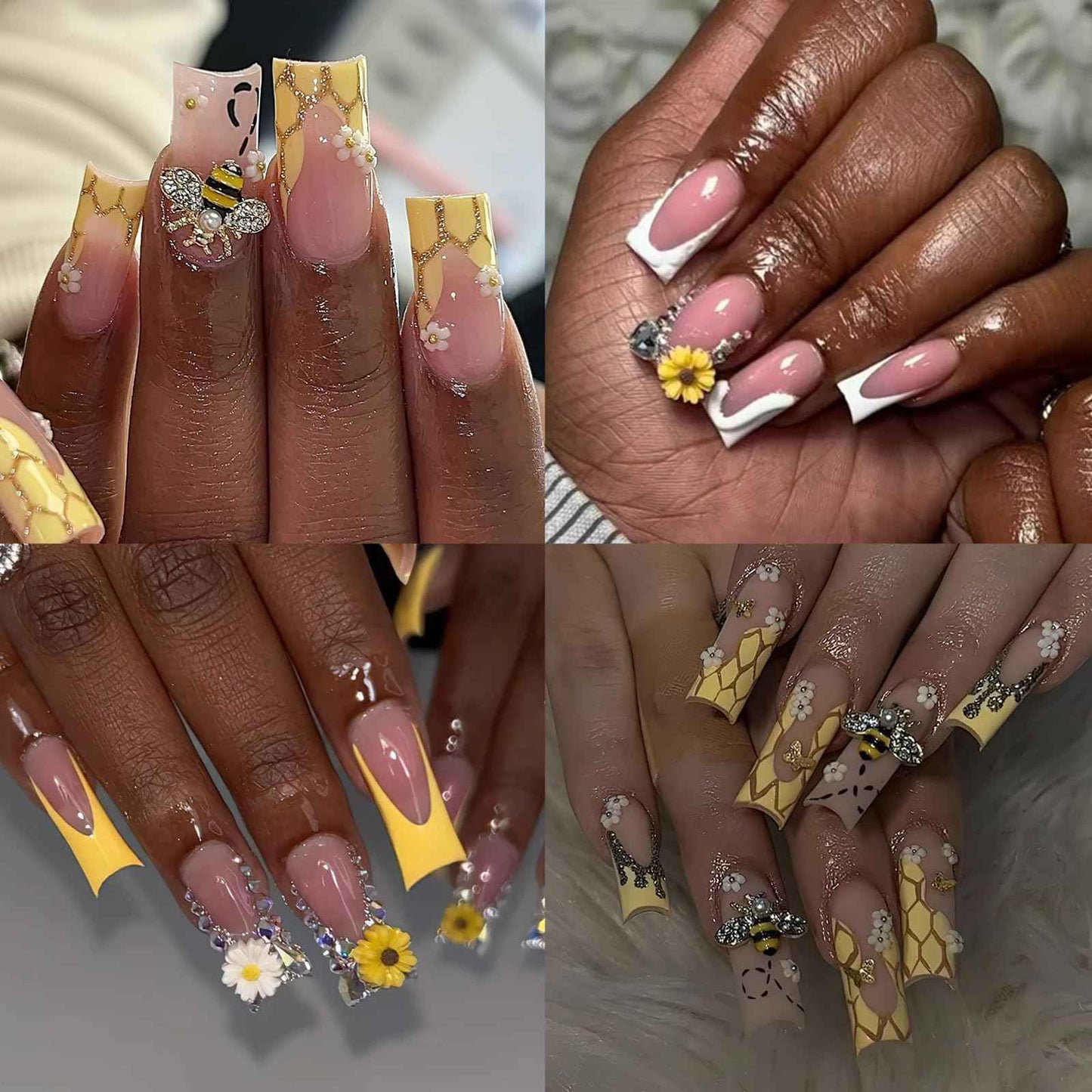 ROFIBUT Tiny Bee Nail Art Charms Resin Cartoon Daisy Flower Nail Gems 3D Gold Alloy Bees Jewelry Charms for Nails, Spring Summer Daisy Sunflower Nail Rhinestones for Women DIY Nail Decoration 60Pcs