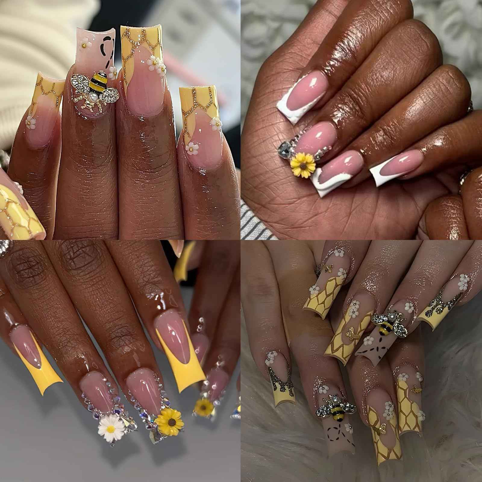 ROFIBUT Tiny Bee Nail Art Charms Resin Cartoon Daisy Flower Nail Gems 3D Gold Alloy Bees Jewelry Charms for Nails, Spring Summer Daisy Sunflower Nail Rhinestones for Women DIY Nail Decoration 60Pcs