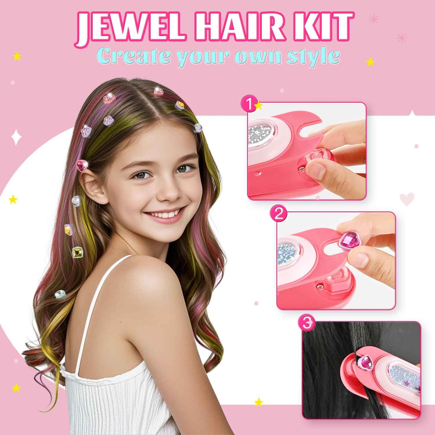 Temporary Hair Chalk with Hair Gem Stamper Kit, Hair Styling Tool with REUSABLE Shining Diamonds, Washable Hair Chalk Hair Color Dye for Girls, Toys Gifts for Girls 3 4 5 6 7-12