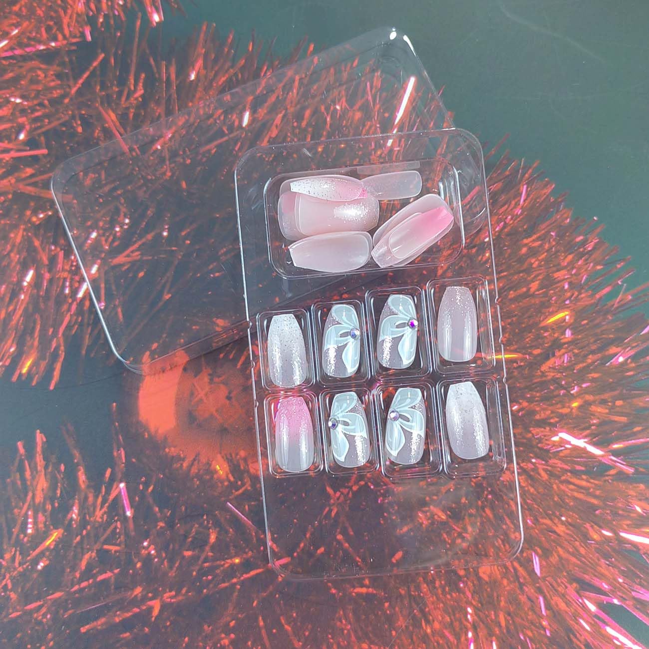 Medium Fake Nails Coffin Press on Nails Pink Glitter False Nails Summer Flower Designs Acrylic Glue on Nails Glossy Artificial Medium Stick on Nails for Women